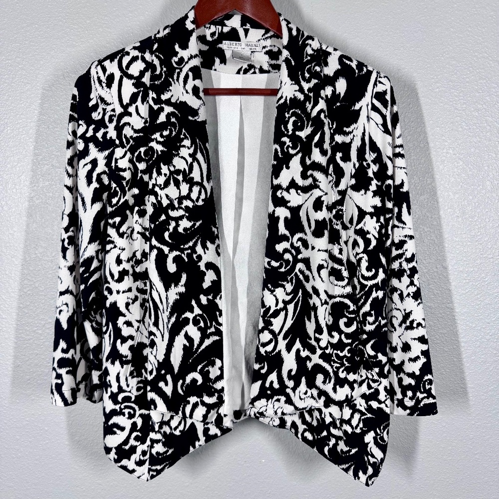 VTG Alberto Makali‎ Waterfall Open Front Jacket | Black White Abstract Print EUC